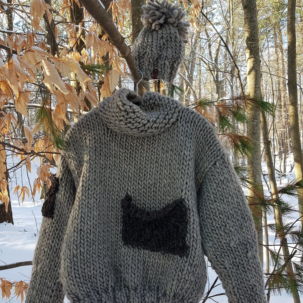 Wool winter set, coffee gray, sweater and matching hat, hand knitted